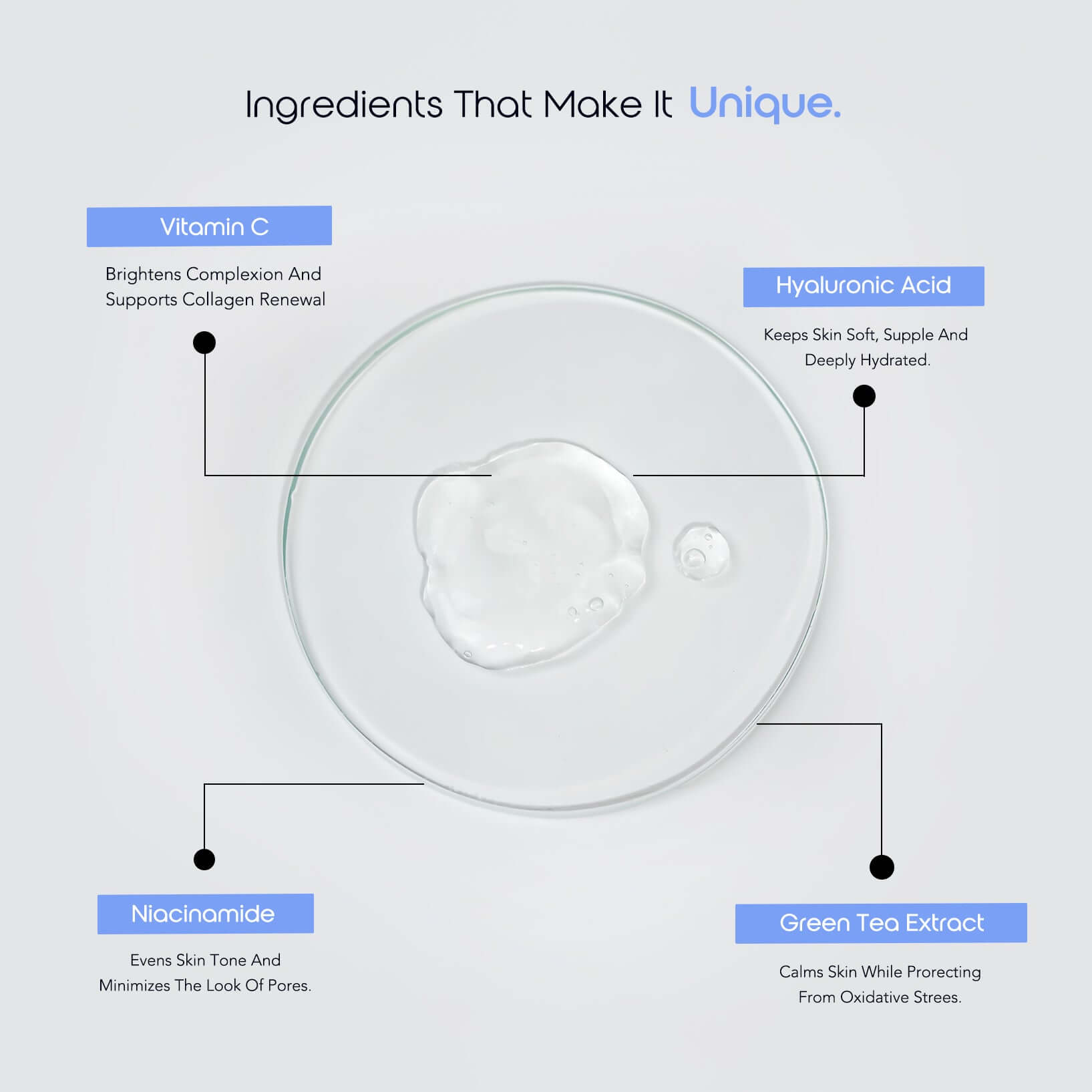 Vitamin C Face Serum key ingredients: Vitamin C, Niacinamide, Hyaluronic Acid, and Green Tea Extract