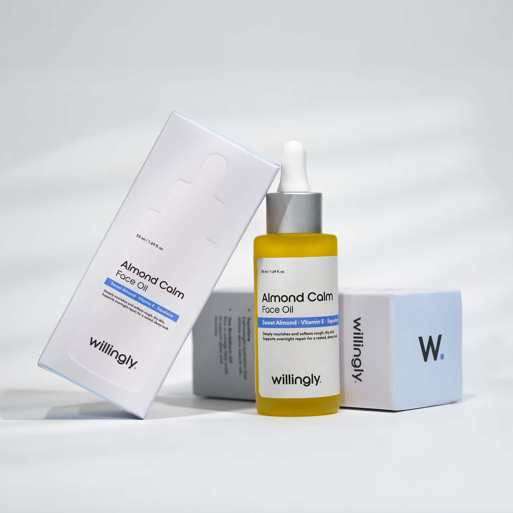 Almond Calm Face Oil with packaging box on a clean minimal background