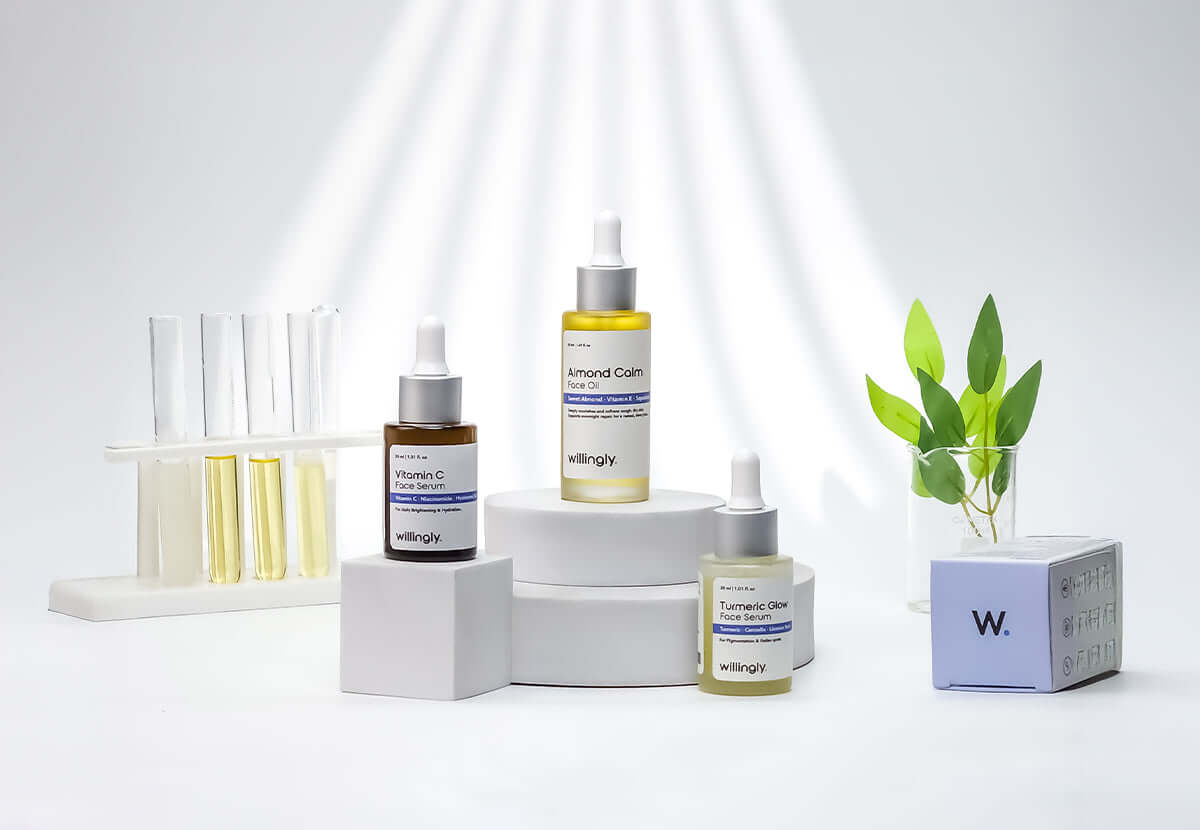 Minimalist Willingly skincare product lineup on a clean white background