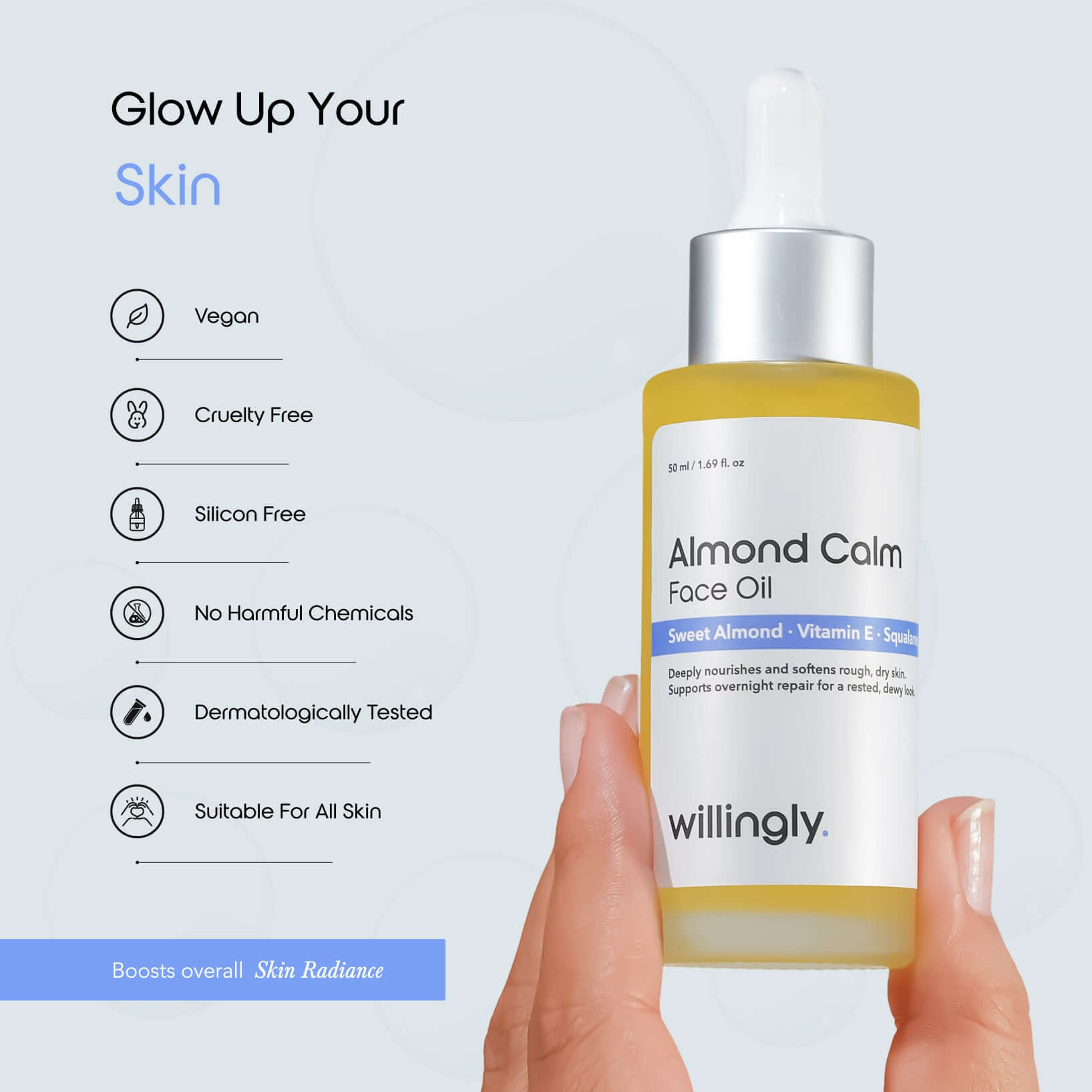 Almond Calm Face Oil benefits for deep moisturization, soothing irritation, fading dark circles, and improving skin tone