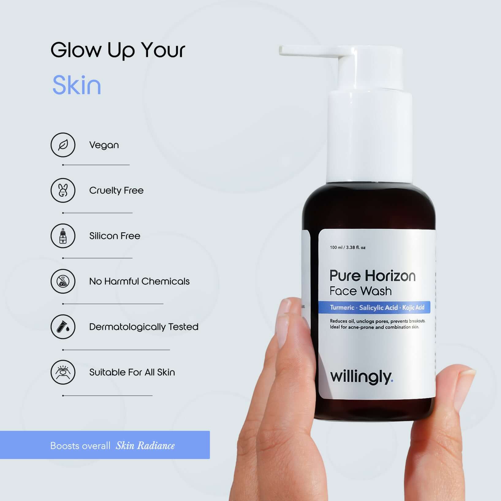 Hand holding Willingly Pure Horizon Face Wash bottle with vegan and cruelty-free benefits listed