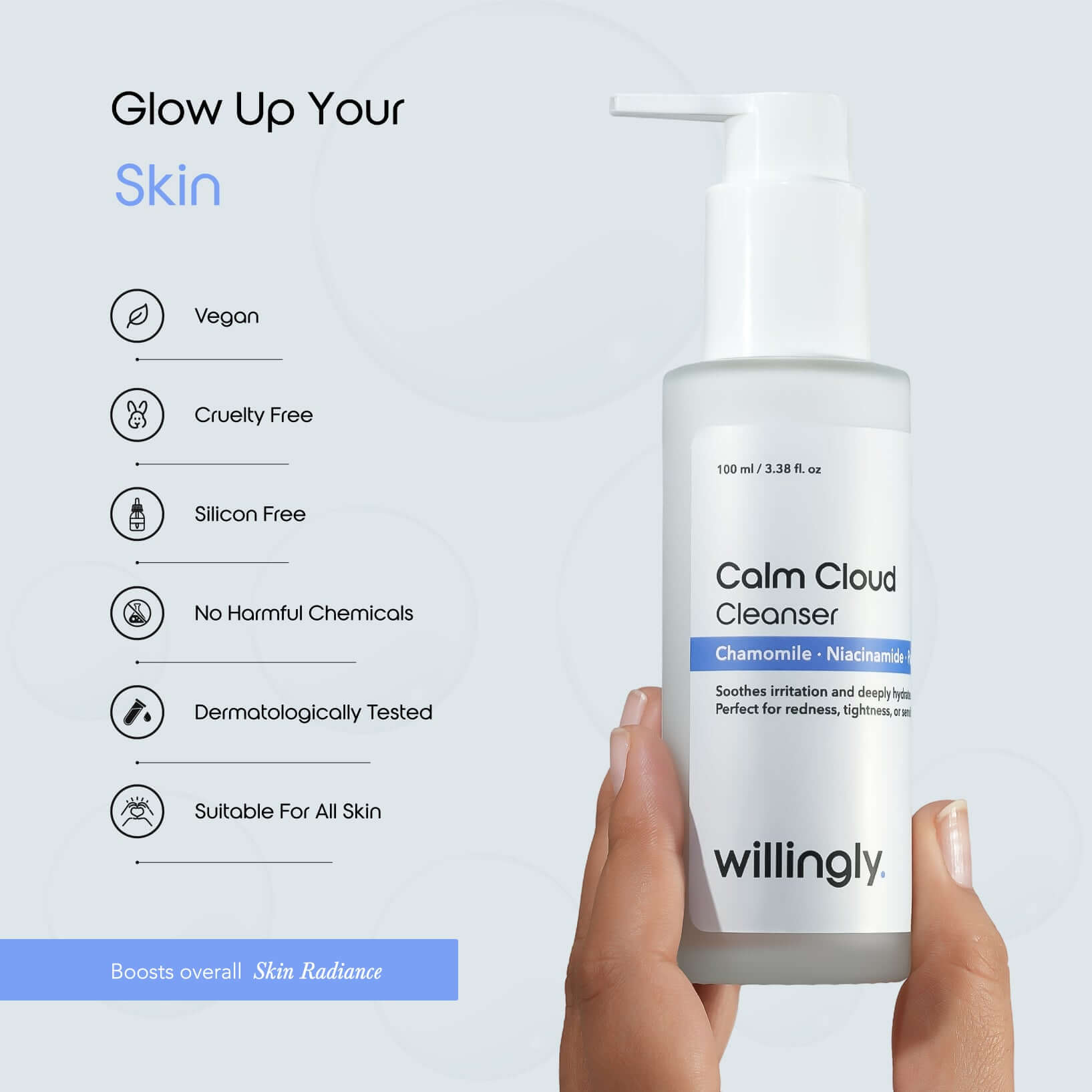 Hand holding Willingly Calm Cloud Cleanser with vegan, cruelty-free, and dermatologically tested benefits