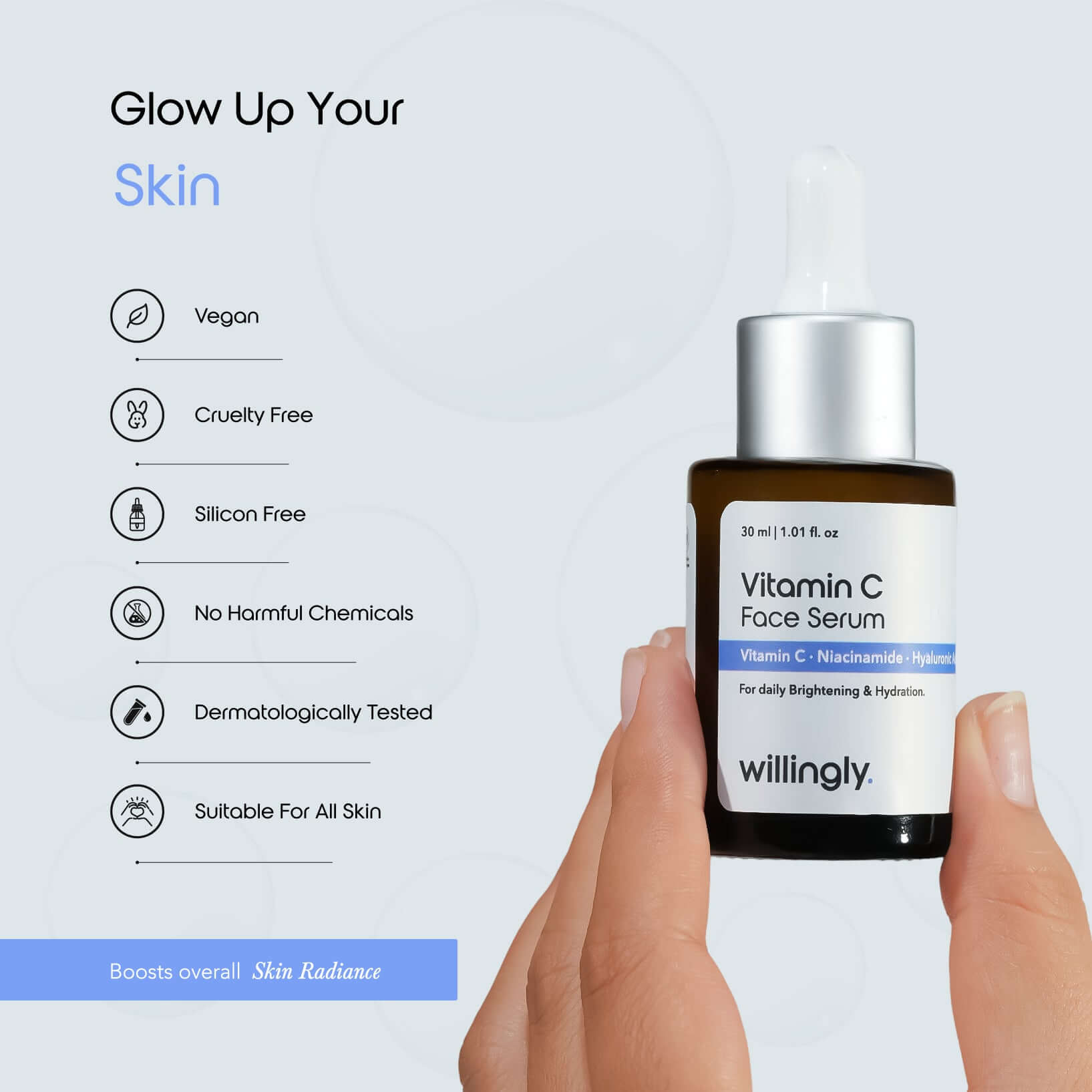 Hand holding Willingly Vitamin C Face Serum bottle with key benefits listed