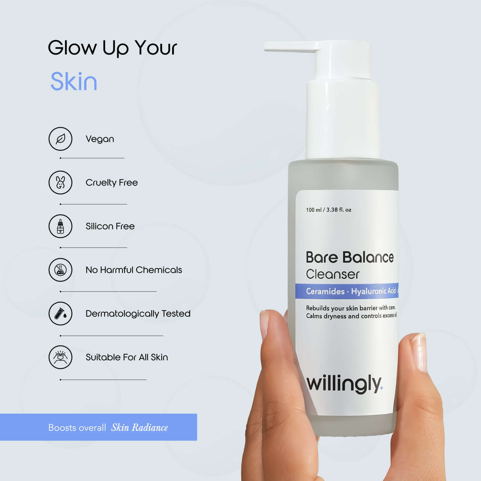 Hand holding Willingly Bare Balance Cleanser with vegan, cruelty-free, and dermatologically tested benefits
