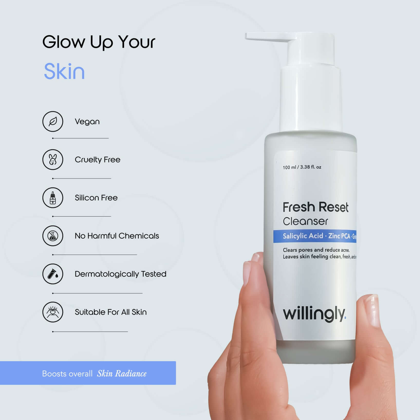 Hand holding Willingly Fresh Reset Cleanser with vegan, cruelty-free, and dermatologically tested benefits