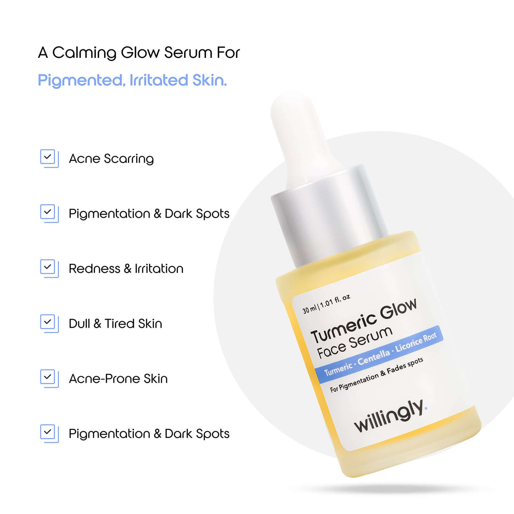 Turmeric Glow Face Serum daily benefits for pigmentation, acne scars, redness, and irritated skin