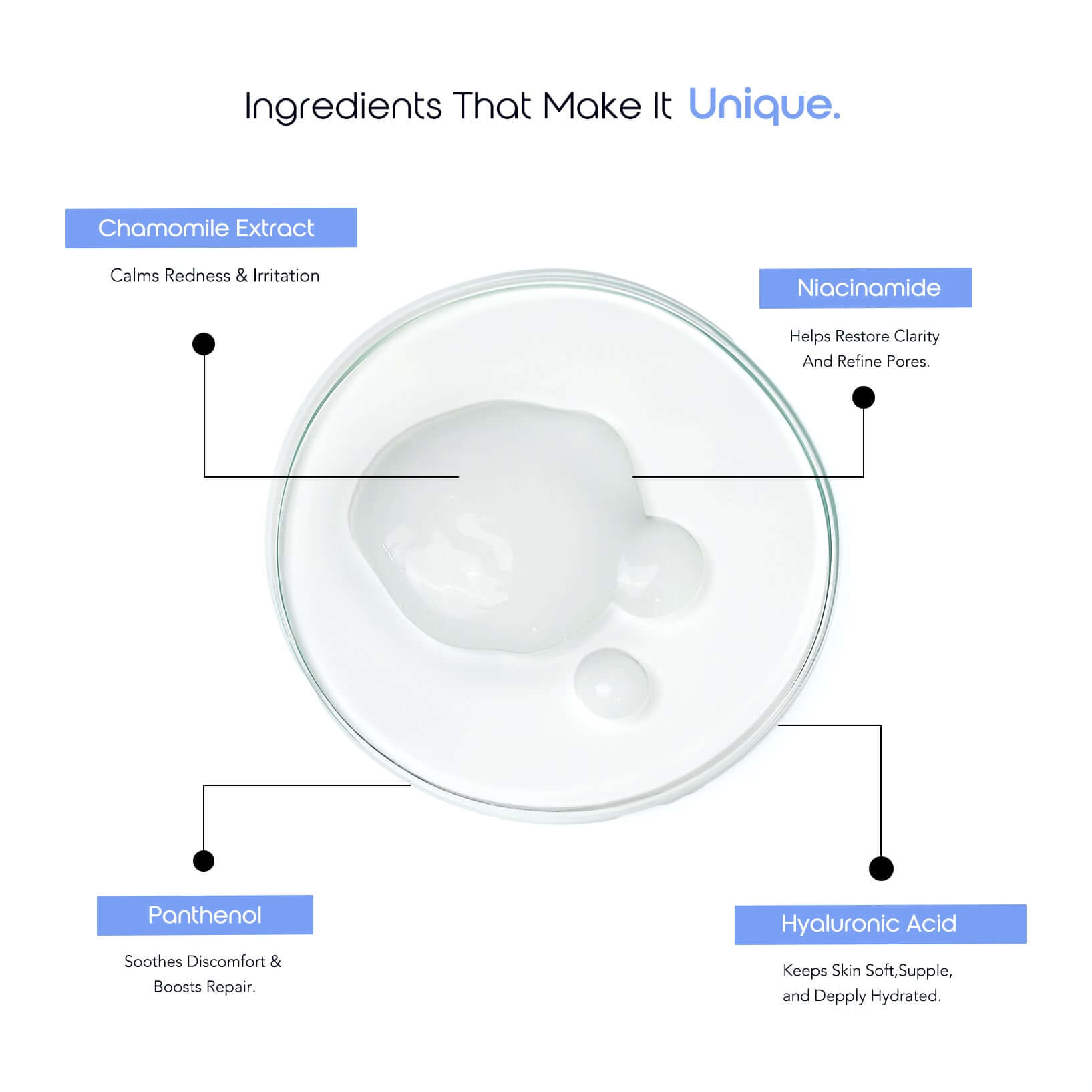 Calm Cloud Cleanser key ingredients: Chamomile Extract, Niacinamide, Panthenol, and Hyaluronic Acid