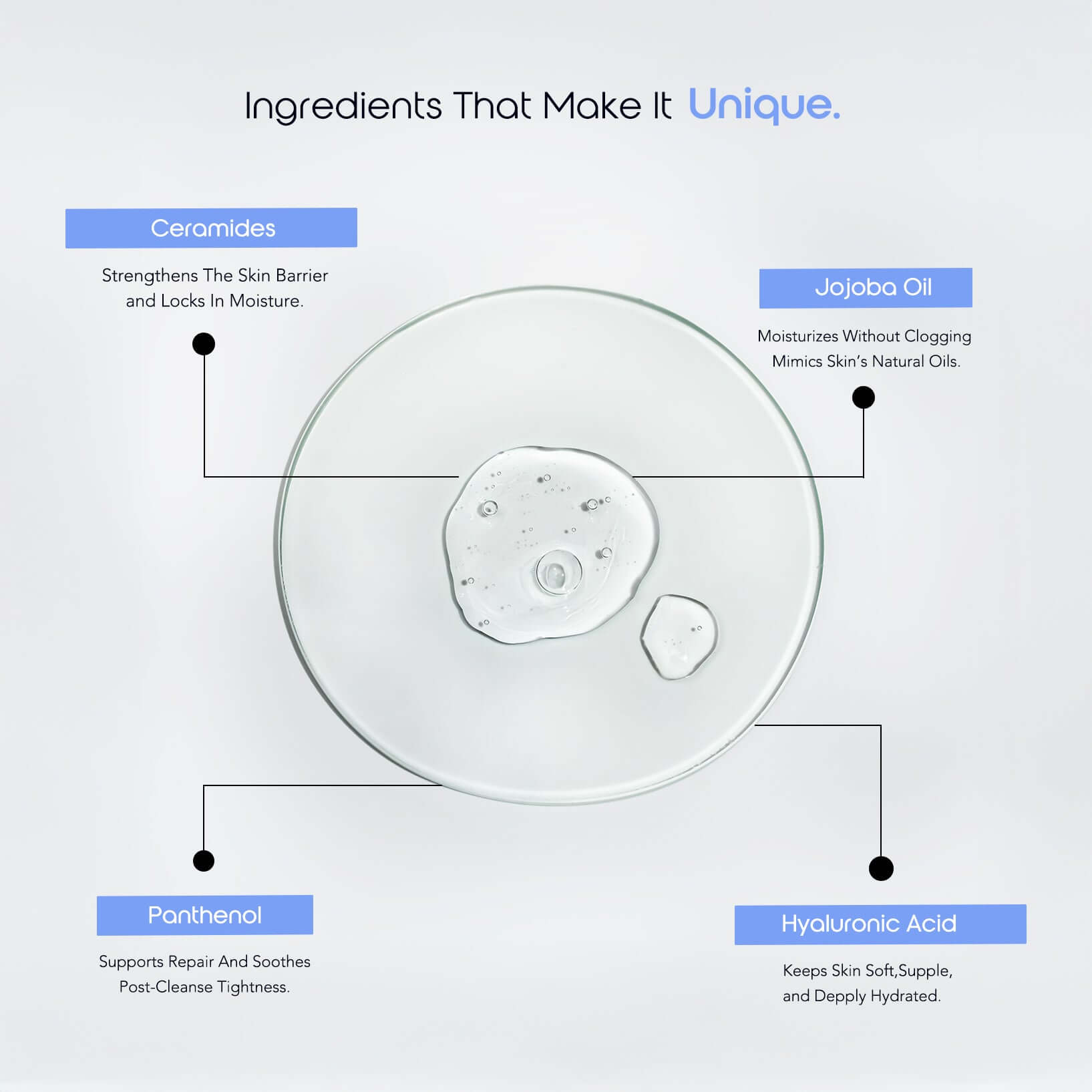 Bare Balance Cleanser key ingredients: Ceramides, Jojoba Oil, Panthenol, and Hyaluronic Acid