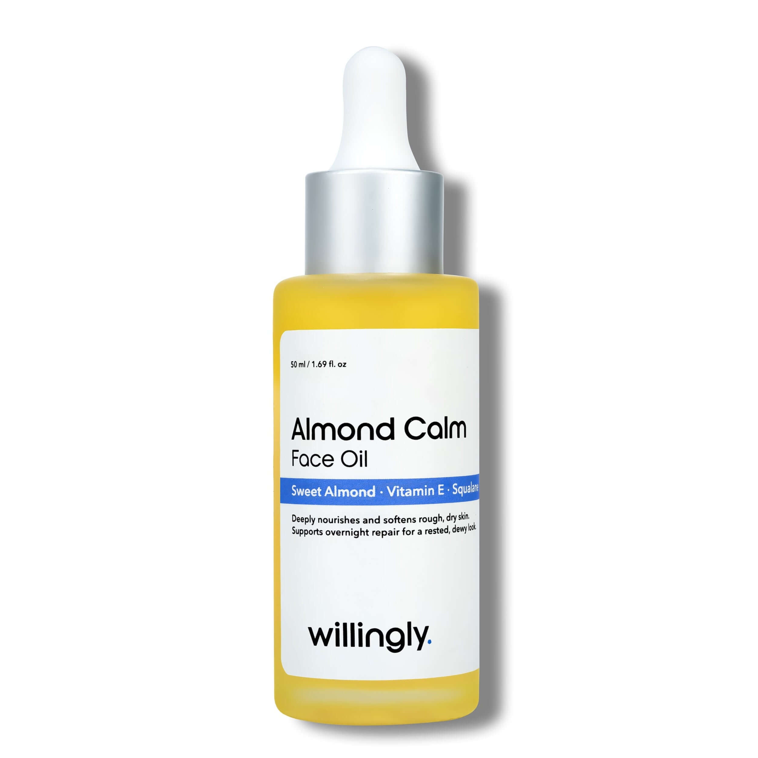 Willingly Almond Calm Face Oil with sweet almond, vitamin E, and squalane for deep hydration and skin barrier repair
