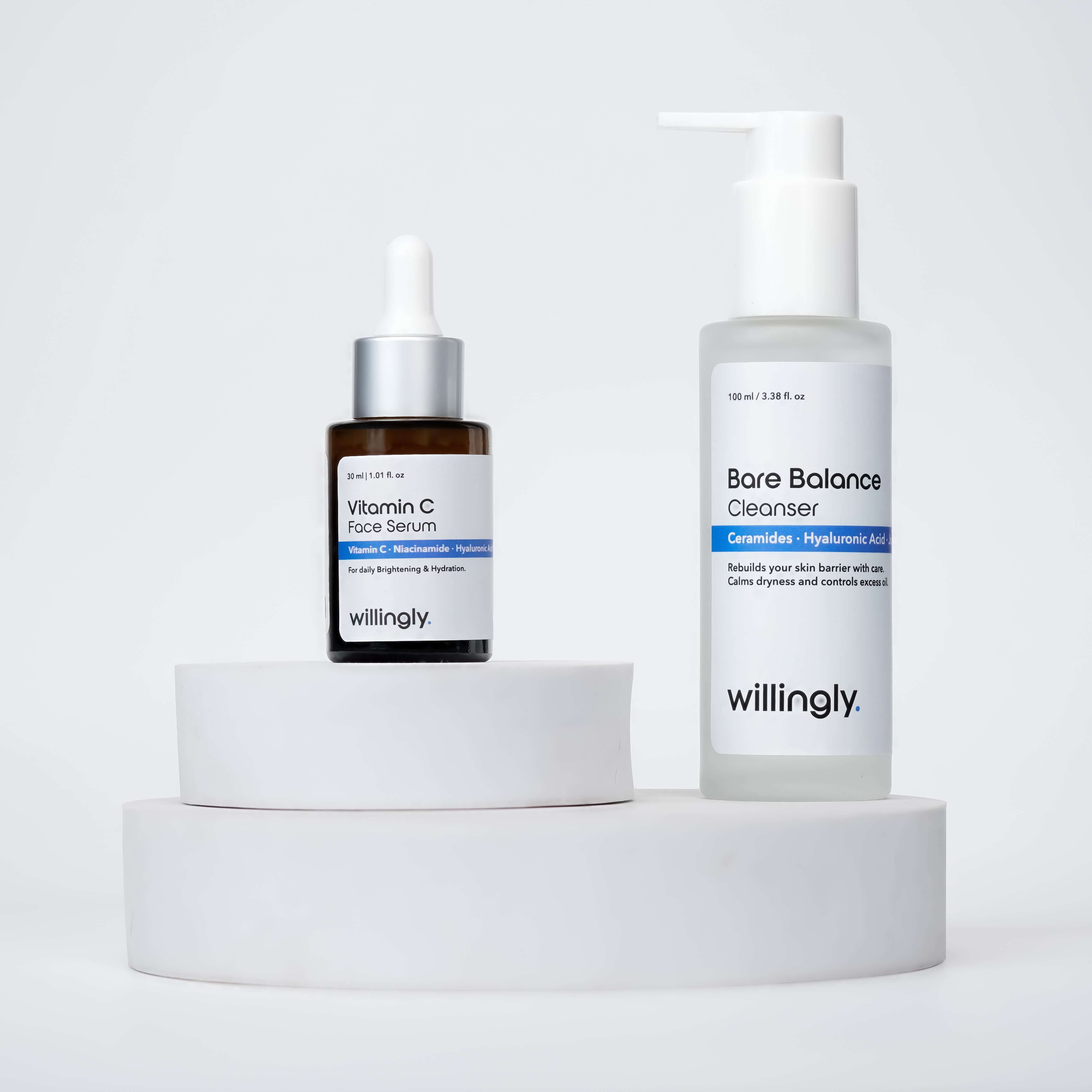 Willingly Balance & Brighten Duo with Bare Balance Cleanser and Vitamin C Face Serum on white marble display