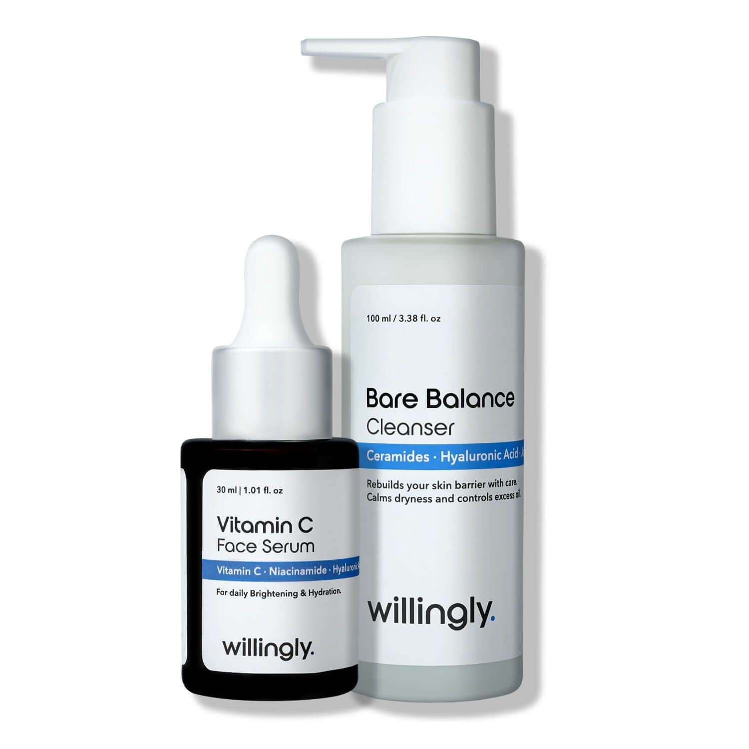 Willingly Balance & Brighten Duo with Bare Balance Cleanser and Vitamin C Face Serum on white background