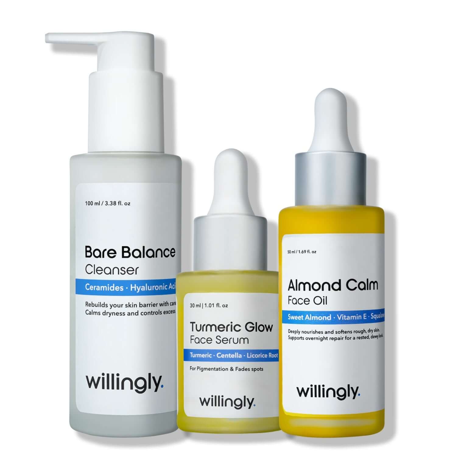 Willingly Barrier Care Tria with Bare Balance Cleanser, Turmeric Glow Face Serum, and Almond Calm Face Oil on white background