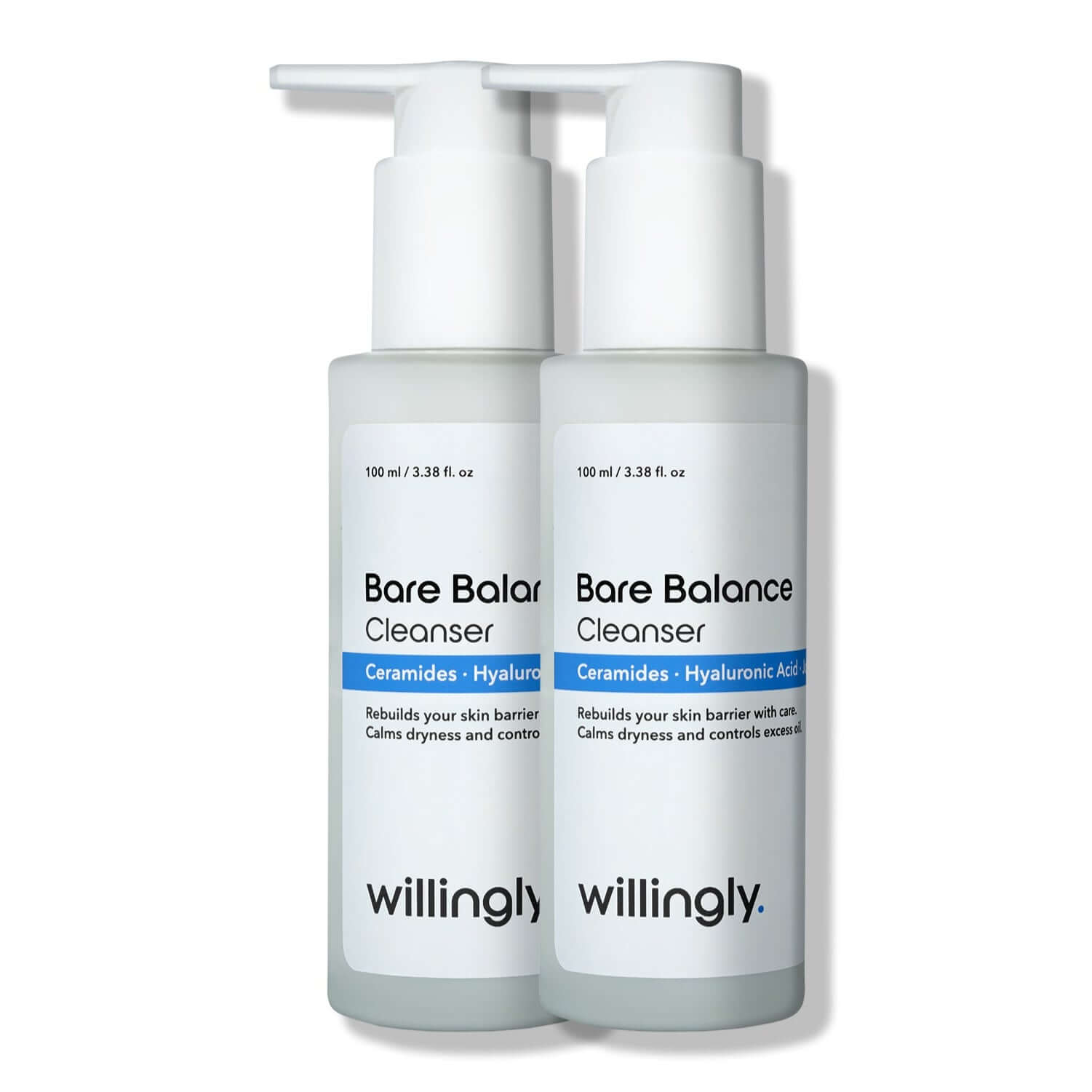 Willingly Bare Balance Cleanser pack of 2 with ceramides and hyaluronic acid on white background