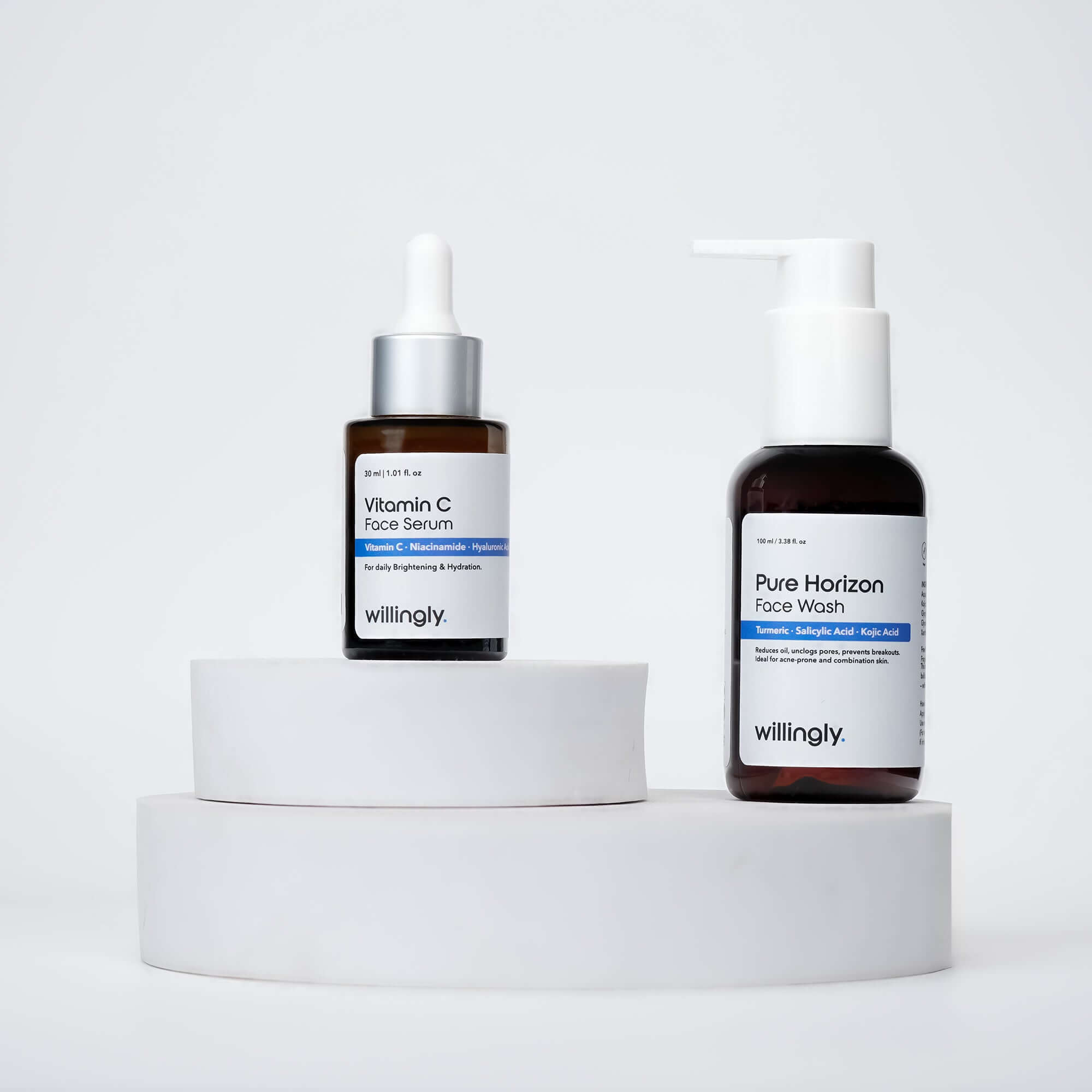 Willingly Bright Start Duo with Pure Horizon Face Wash and Vitamin C Face Serum on white marble display