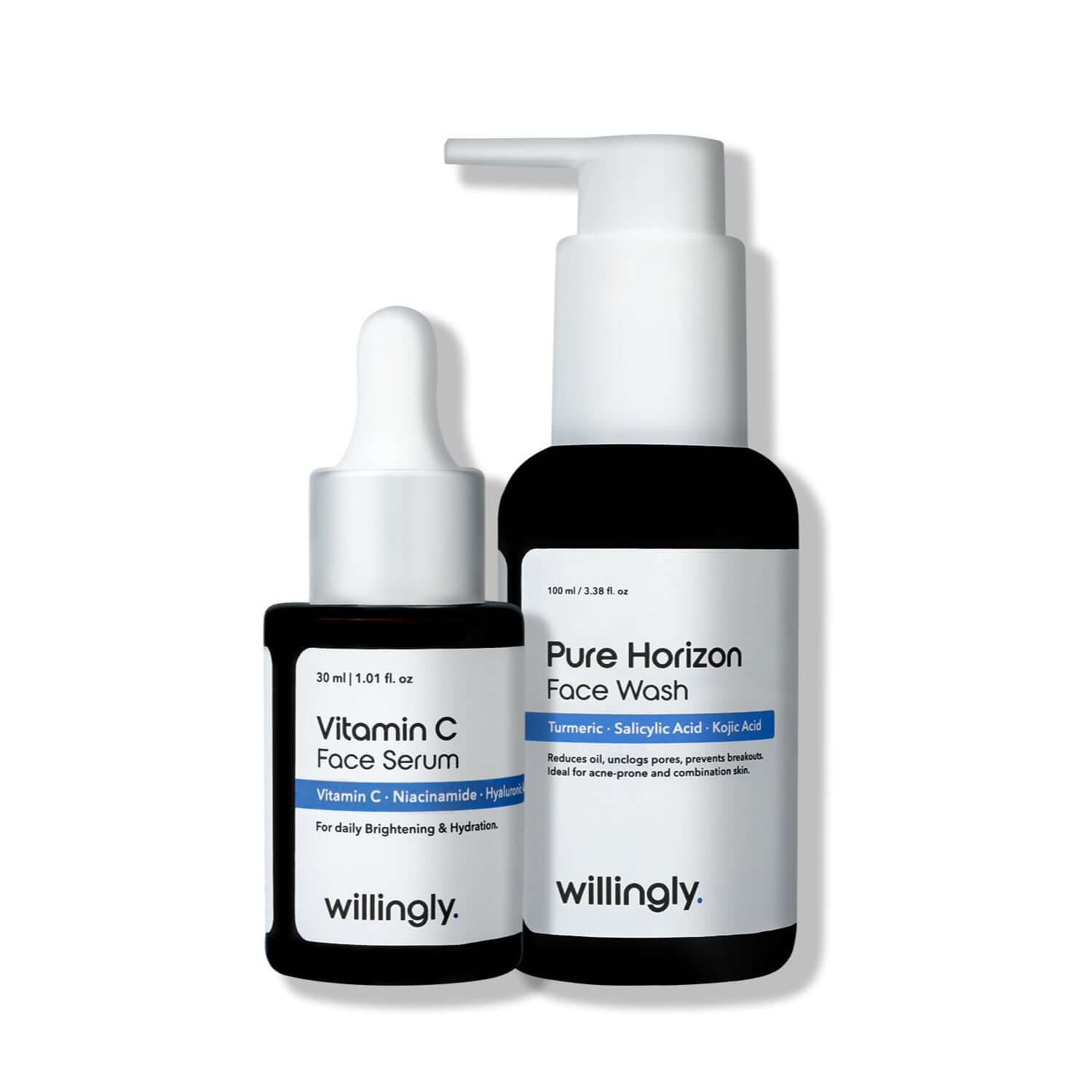 Willingly Bright Start Duo with Pure Horizon Face Wash and Vitamin C Face Serum on white background