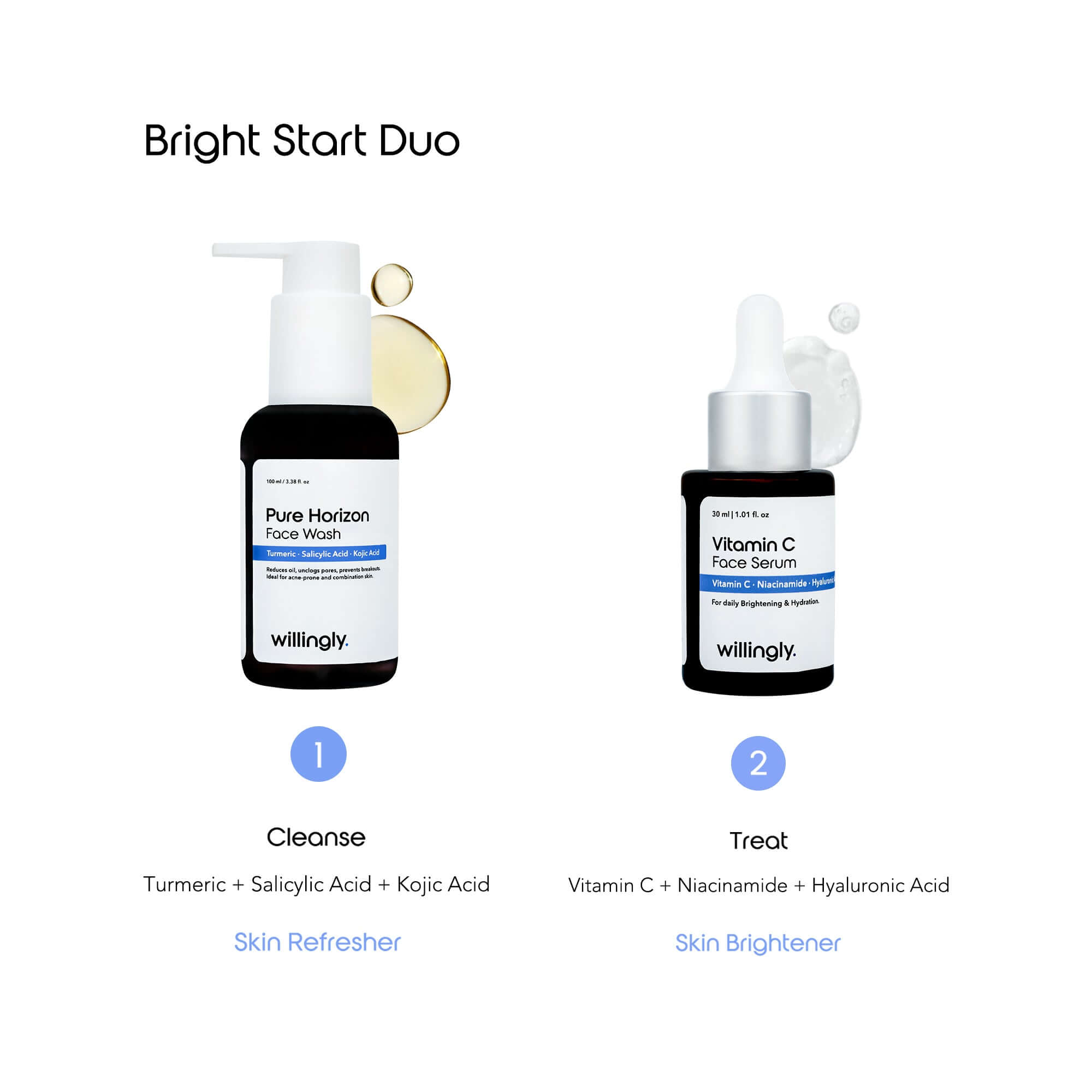 Bright Start Duo skincare routine showing cleanse with Pure Horizon Face Wash and treat with Vitamin C Face Serum