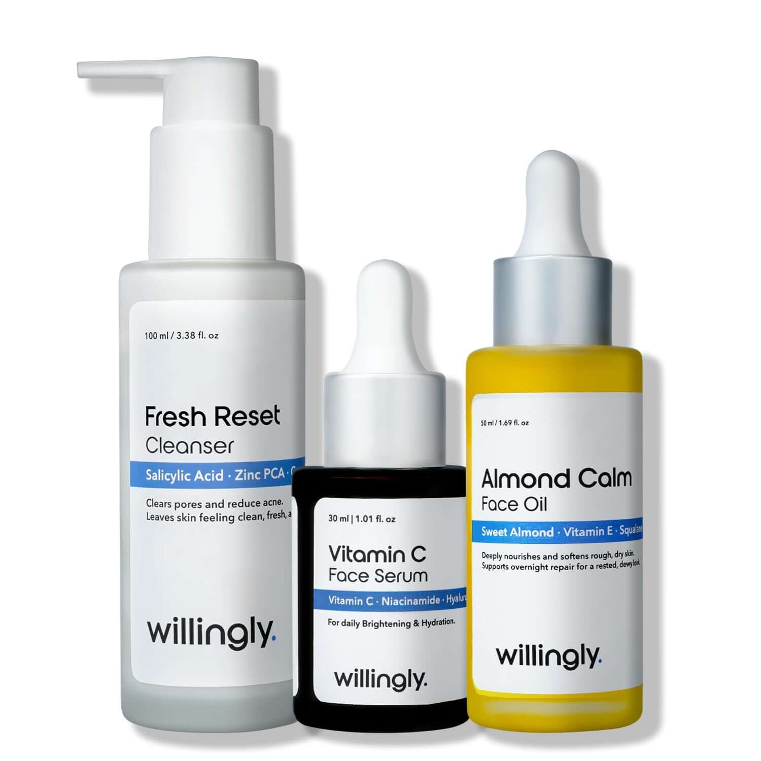 Willingly Clear Glow Set with Fresh Reset Cleanser, Vitamin C Face Serum, and Almond Calm Face Oil on white background