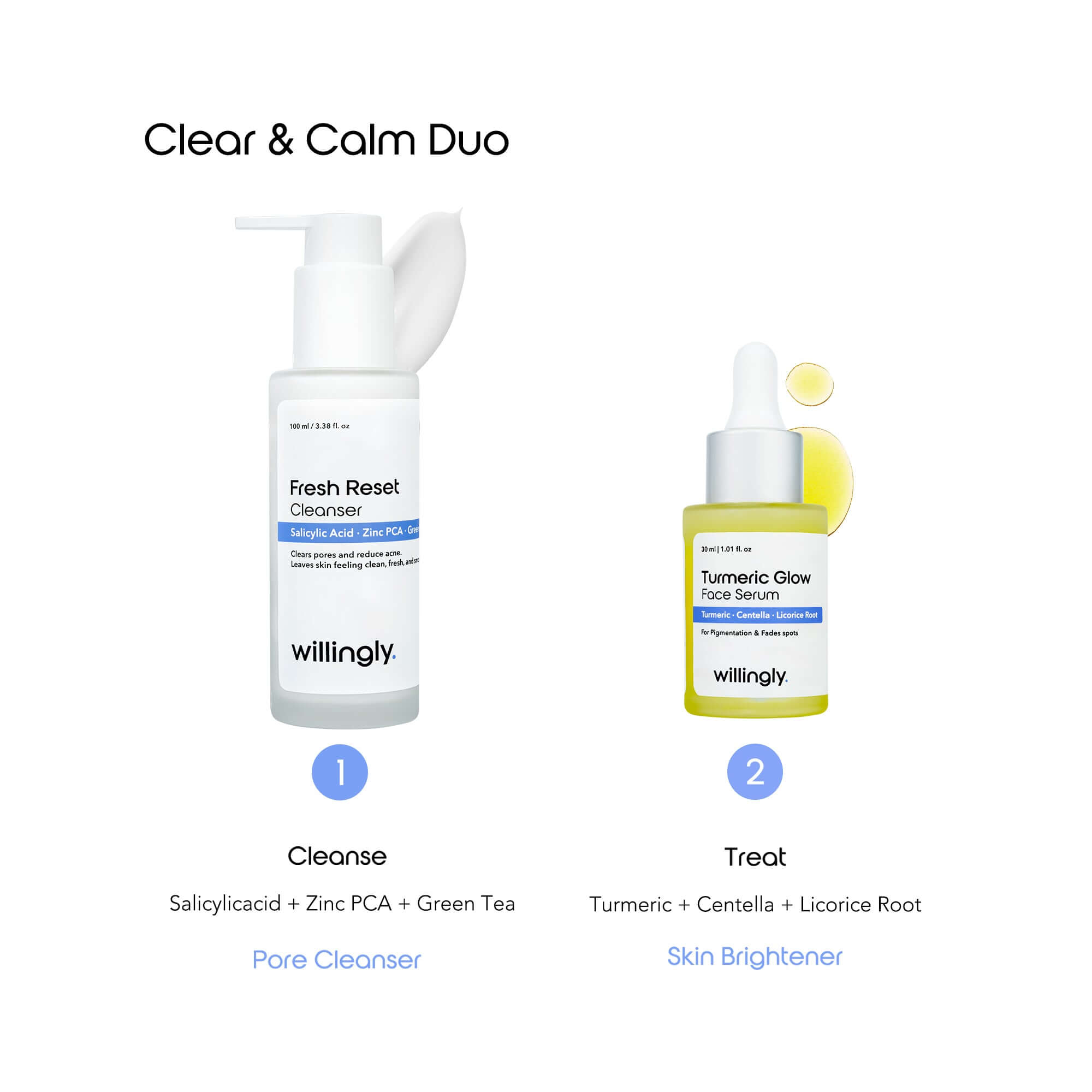 Clear & Calm Duo skincare routine showing cleanse with Fresh Reset Cleanser and treat with Turmeric Glow Serum