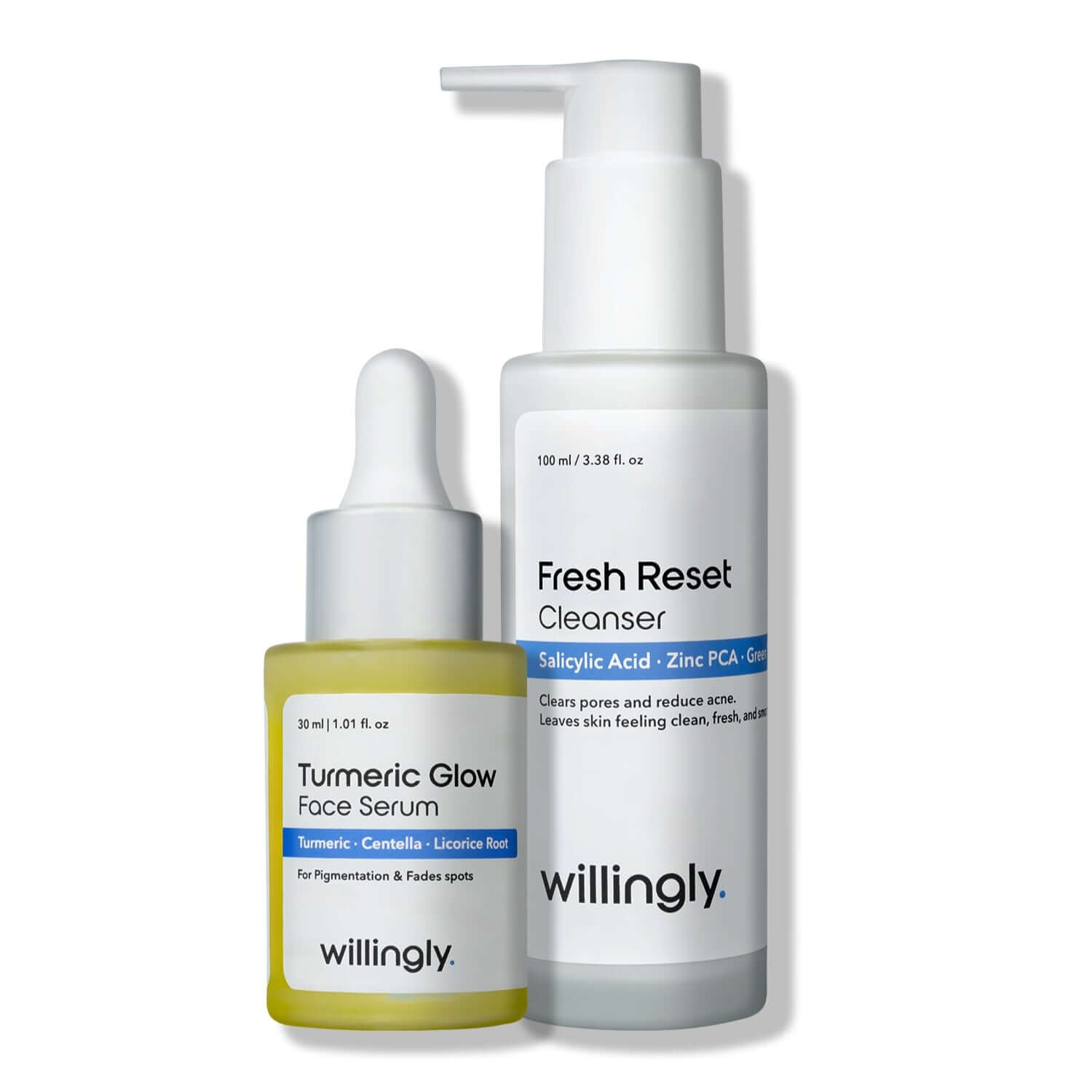 Willingly Clear & Calm Duo with Fresh Reset Cleanser and Turmeric Glow Serum on white background