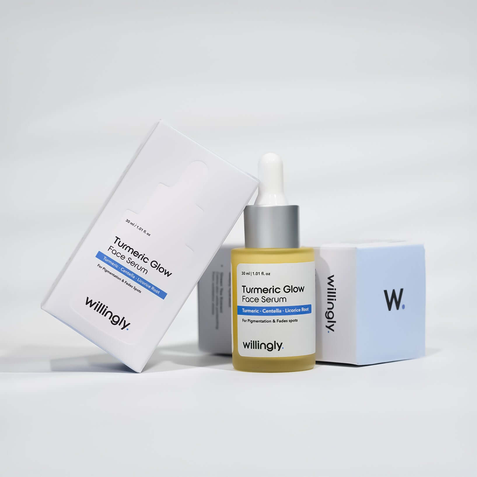 Willingly Turmeric Glow Face Serum with packaging box on clean light background