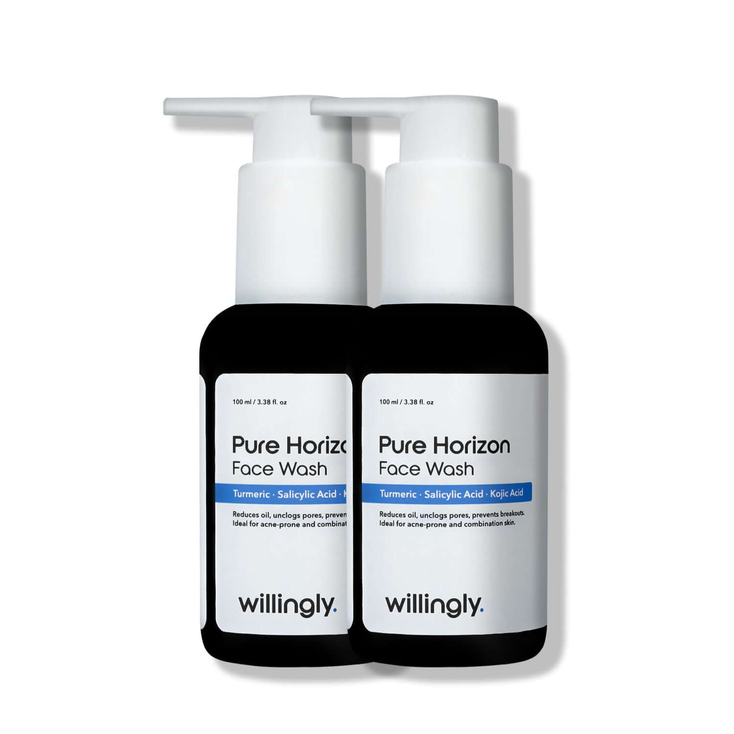Willingly Pure Horizon Face Wash pack of 2 with turmeric, salicylic acid, and kojic acid on white background