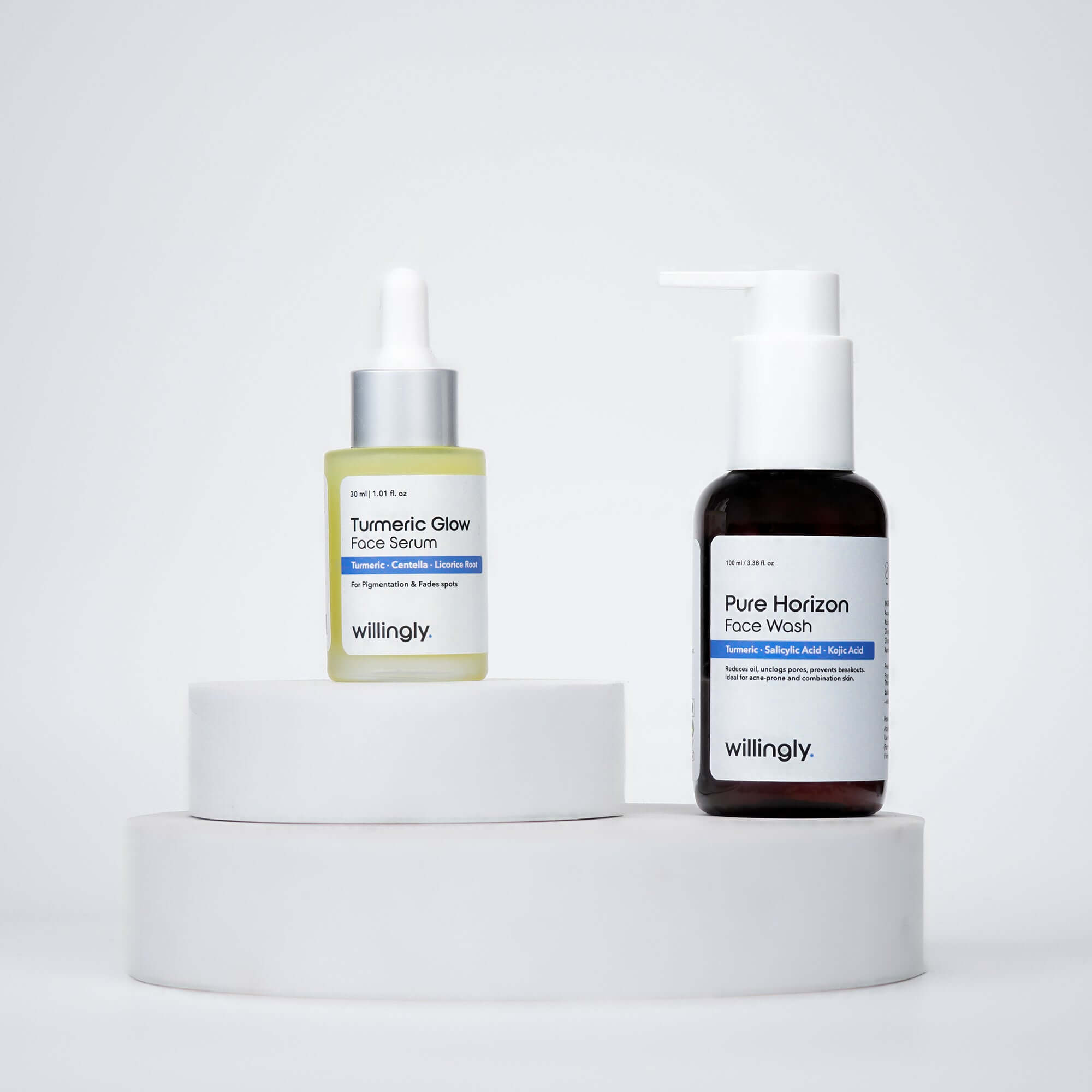 Willingly Gentle Radiance Duo with Pure Horizon Face Wash and Turmeric Glow Serum on white marble display