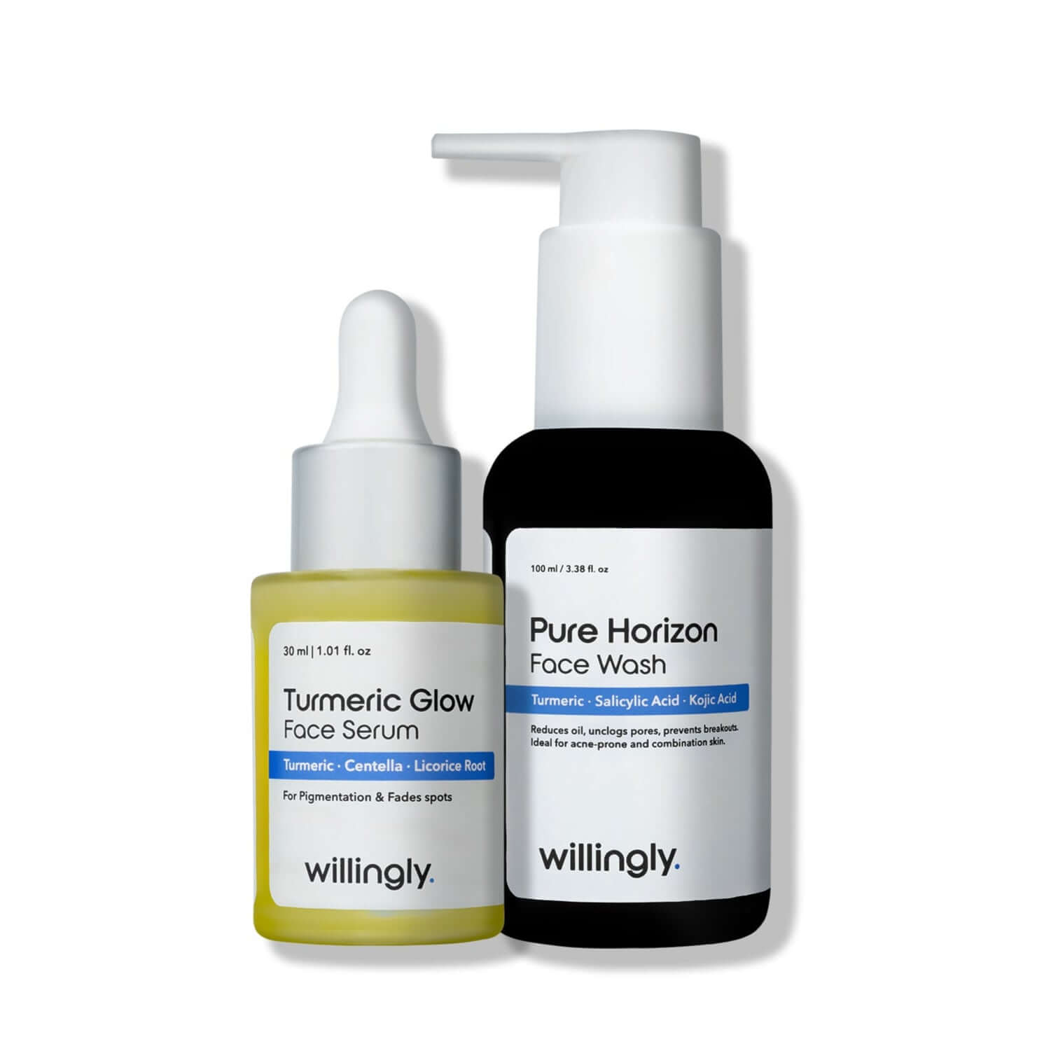 Willingly Gentle Radiance Duo with Pure Horizon Face Wash and Turmeric Glow Serum on white background
