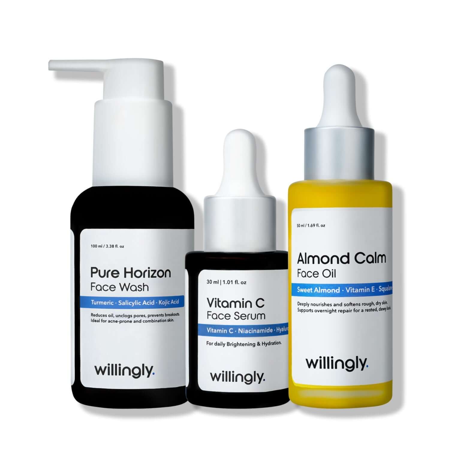 Willingly Glow Ritual Set with Pure Horizon Face Wash, Vitamin C Face Serum, and Almond Calm Face Oil on white background