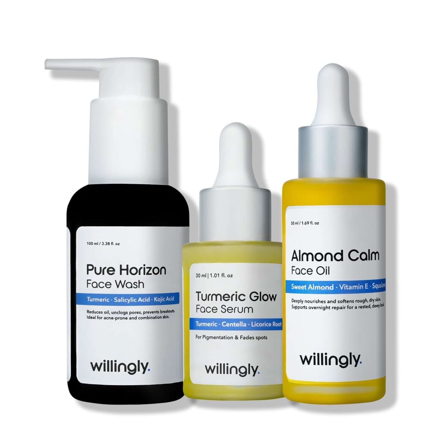 Willingly Radiance Calm Set with Pure Horizon Face Wash, Turmeric Glow Serum, and Almond Calm Face Oil on white background