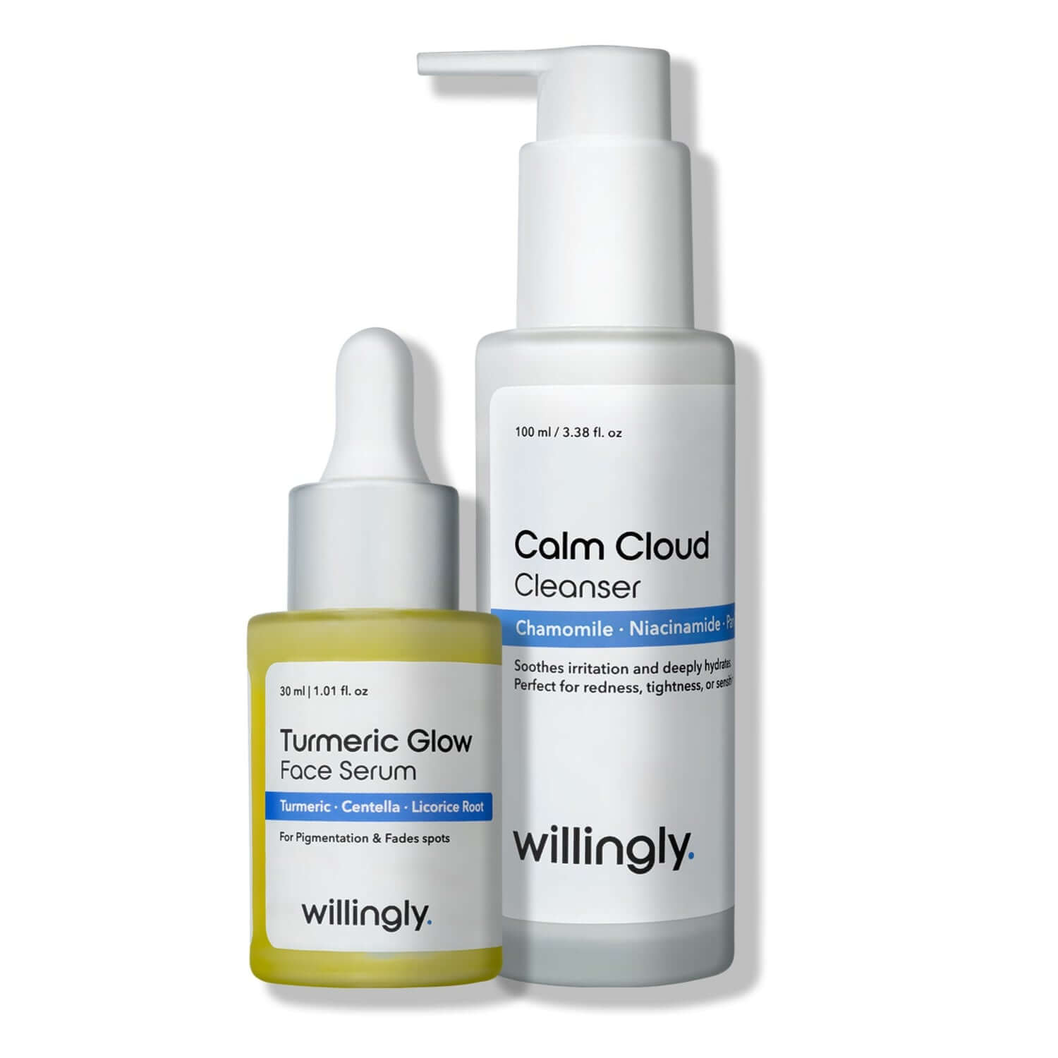 Willingly Soothe & Glow Kit with Calm Cloud Cleanser and Turmeric Glow Serum on white background