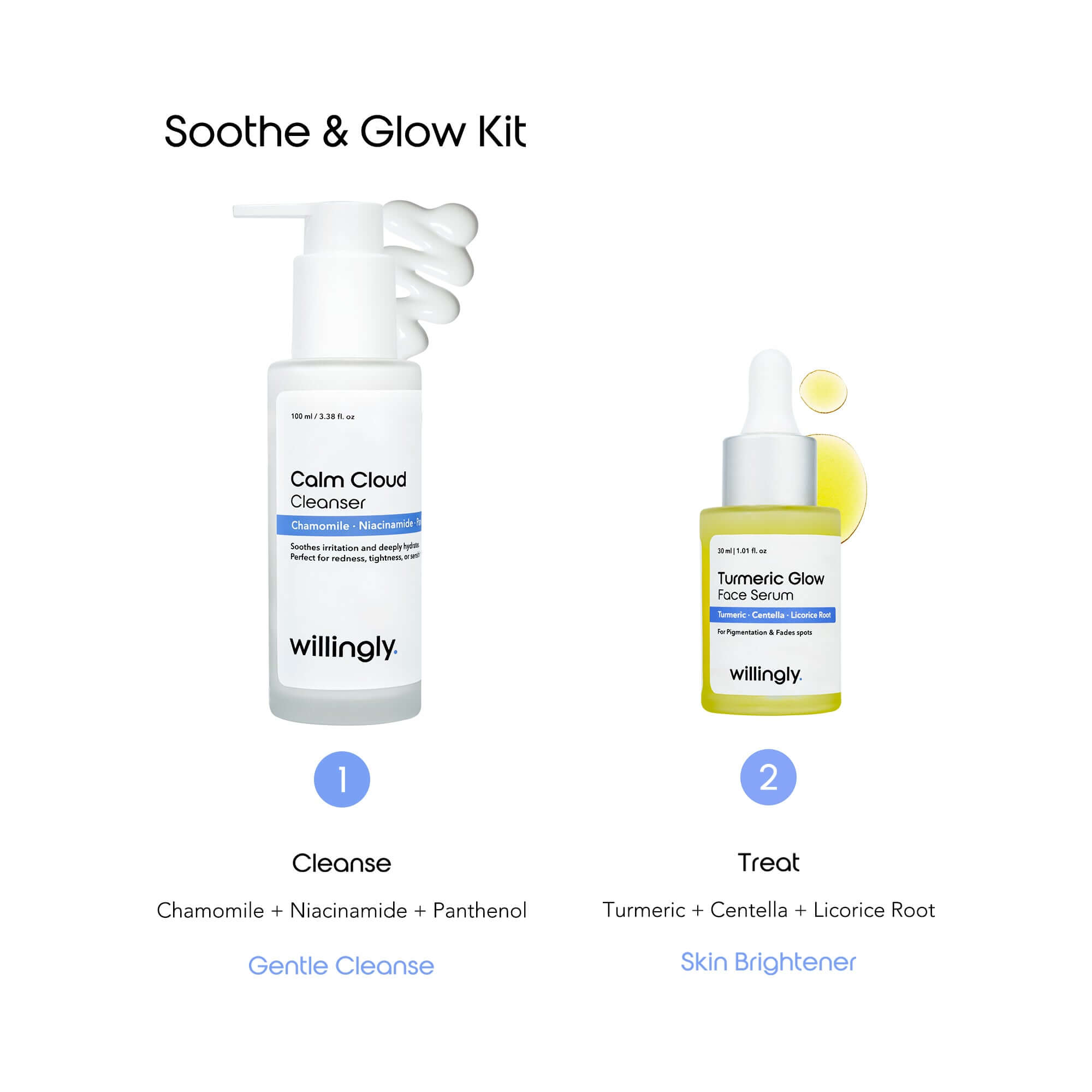 Soothe & Glow Kit skincare routine showing cleanse with Calm Cloud Cleanser and treat with Turmeric Glow Serum