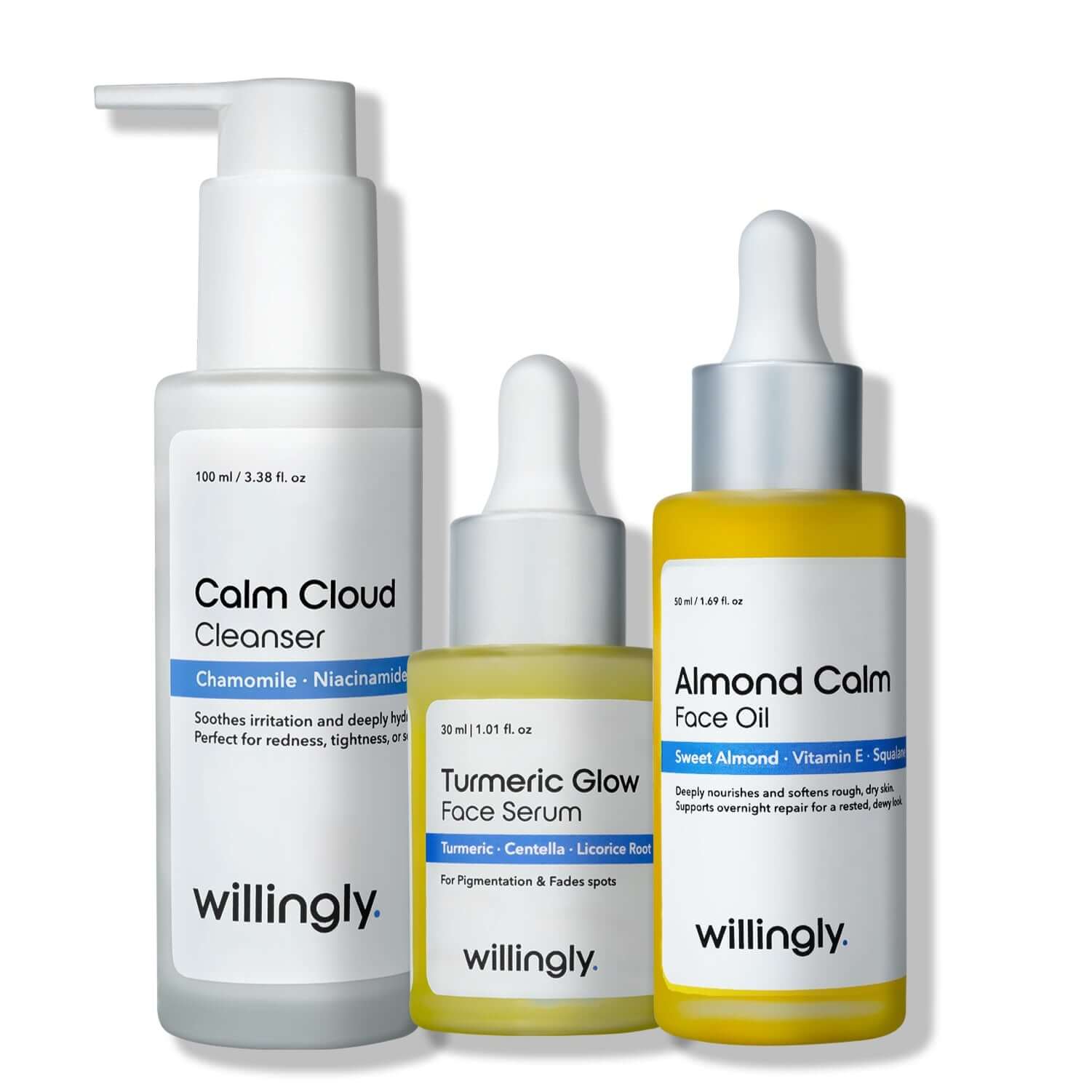 Willingly Soothing Essentials Kit with Calm Cloud Cleanser, Turmeric Glow Face Serum, and Almond Calm Face Oil on white background