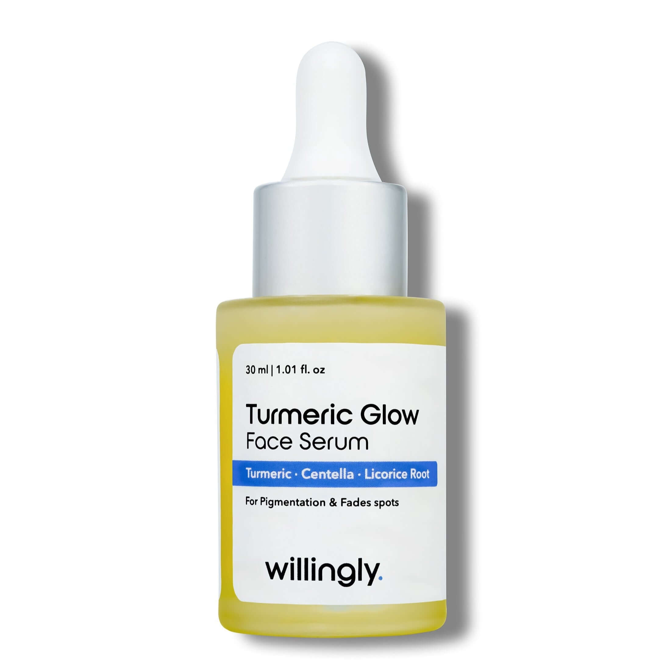 Willingly Turmeric Glow Face Serum bottle with yellow formula for pigmentation and spot reduction